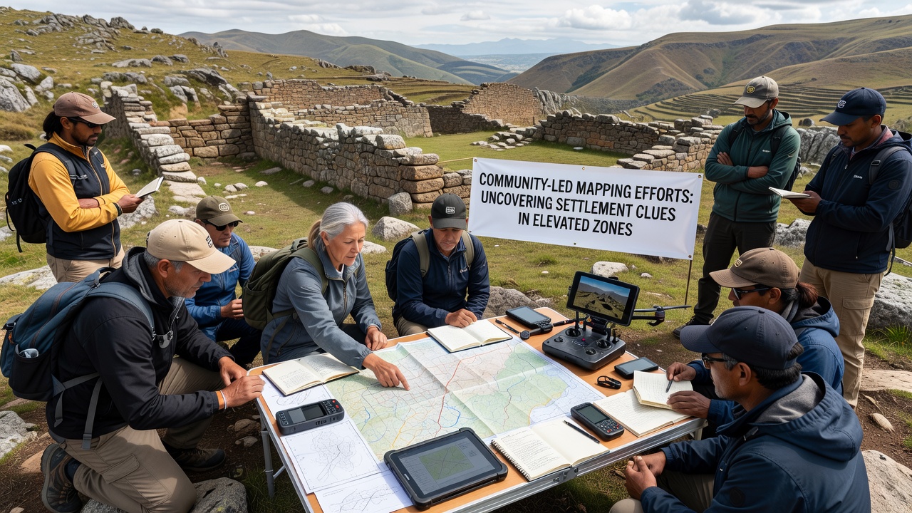Drone view of terraced slopes and stone alignments being documented by a mixed team of local residents and mapping specialists