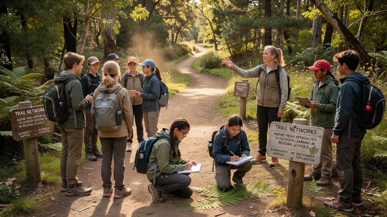 Group of students conducting field measurements along a regional trail network